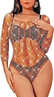 [LUCKELF] Long Sleeve Fishnet Bodysuit for Women Sexy Lingerie with Sparkle Rhinestone Backless Top Underwear