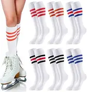 [Shihanee] 6 Pairs Roller Skate Socks Athletic Knee High Skating Sport Socks Striped Tube Sock for Girls Youth Kids