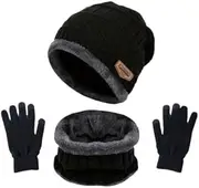 [Generic] Winter Beanie Hat Circle Scarf Gloves Set, Snow Knit Skull Cap, Warm Thick Fleece Lined Neck Warmer for Men, Black, Medium