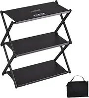 Foldable Tabletop Camping Shelf, Portable Camping Table, Folding Three-Layer Rack, Metal Storage Shelves, Black Color, Includes Storage Bag, Ideal for Picnic, BBQ, Fishing
