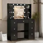 Dressing Table with Makeup Mirror Vanity Desk Black Dresser 7 Drawer &Open Shelf