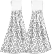 Grey White Floral Leaves Hanging Kitchen Towel 12 x 17 in Gray Flowers Hand Fingertip Towels Set of 2 Pcs Tie Towels Tea Bar Dish Cloths Dry Towel Soft Absorbent Durable for Laundry Room Decor