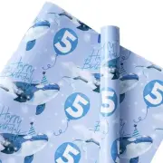 5th Birthday Wrapping Paper - Mini Roll - Blue Whale Pattern with 5" Age 5