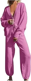 [hlysgo] Women Long Sleeve Waffle Knit Sets 2 Piece Outfits Button Up Oversized Cardigan High Waisted Pants Lounge Set
