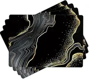Aimego Marble Placemats Set of 4 - Black and Gold Faux Leather Table Place Mats Set Wipe Clean Waterproof Heat Resistant Anti Slip Washable Placemat for Indoor Outdoor Kitchen Dining Table, 17" x 12"