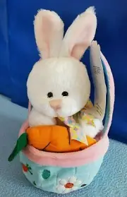 EASTER: Soft Plush Bunny Rabbit with Carrot in Plush Basket 10" NEW