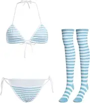 [ABAFIP] Women Cute Kawaii Anime Lingerie Set Halter Strap Micro Bra Tiny Panty Garter Belt Striped Stockings 4Pcs Underwear, Blue