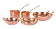 5pcs Piece Hand Hammered Copper Cookware Set w Brass Touch Handles