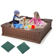 Babyjoy Kids Outdoor Sandbox 123.5cm Large HDPE Sandpit w/Waterproof Oxford Cover Play Station Brown