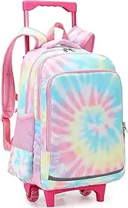 [CAMTOP] Rolling Backpack Girls Travel Roller Bag with Wheels Kids School Bags Wheeled Luggage Backpack, Tie Dye Pink, School