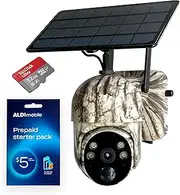 Elinz 4G Cellular Camouflage PTZ Solar Powered Outdoor Security Camera 2K HD Resolution 360° IP65 Trail Wildlife Surveillance CCTV, 2-Way Talk, PIR, Siren, Colour Night Video, 32GB SD Card, Aldi Sim
