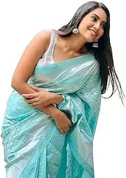 [SGF11] Women Kanjivaram Soft Lichi Silk Saree With Unstitched Blouse Piece (Light Blue), Light Blue, 5.5 Meters
