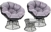 Gardeon Papasan Table and Chairs Wicker Outdoor Chair Side Desk, Patio Furniture Lounge Setting Garden Backyard Living Bedroom, 360 Degree Swivel with Soft Thick Cushion Glass Tabletop Grey