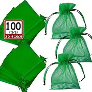 Green Organza Bags 3x4 Inch (100 Pcs) Sheer Mesh Gift Bags Drawstring Sachet Jewelry Bags Organza Small Drawstring Pouch for Wedding Favor, Party, Soaps, Baby Shower Gifts (3"x4", Emerald Green)