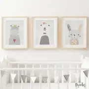 Baby Nursery or Bedroom Wall Art Decor, Print Set, 3 for 2, Hippo, Bear, Bunny