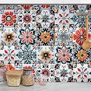 DRWSSR 30PCS 4x4 inch Removable 3D Tile Stickers DIY Square Colorful Floral Pattern Tile Stickers Vinyl Self Adhesive Wall Tiles Decor for Bathroom Kitchen Living Room Stairs Backsplash (B)