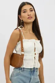 White Cami Top Sleeveless Tie Front Textured - Size 6, Women's Cami