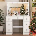 White Makeup Vanity Desk Dressing Table With 11 LED Bulbs Large Mirror Drawers