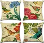 Sistwon Set of 4 Linen Throw Pillow Cover 18X18 Inch Spring Vintage Bird Flower