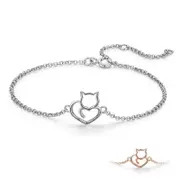 Sterling Silver Cat And Heart Bangle Bracelet - Silver & Rose Gold