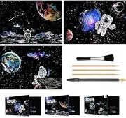 Scratch & Engraving Art Paper(16"x 11.2") for Kids & Adult, Rainbow Sketch Cosmos Astronaut Starry Sky Painting Scratchboard, Craft Kits: 3 Pack with 5 Tools - Drawing Pens, Clean Brush(Space Series)