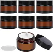 Jrusmr 6-Pack 1 oz Amber Glass Jars-30 ml Round Refillable Cosmetic Containers with Inner Liners and Black Lids, Ideal Travel Jars for Face Cream, Lotion, and Other Beauty Products