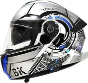 Motorbike Helmets Bluetooth Flip Up Modular High Strength Shell Motorcycle Helmet, Full Face Helmet with Dual-Speaker Headset, ECE Approved Motor Bike Helmet D,L=59-60CM