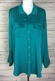 Chico’s Sandwash Satin Top Blouse Size 4 (XXL/20) Green Long Sleeve Button Front