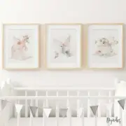 Baby, Girl Nursery Bedroom Wall Art decor Set of three Unicorn Prints, Floral