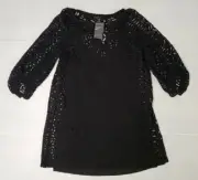 CLUB MONACO V Neck Eyelet Short Peasant Dress XS X-Small Black NWT $249
