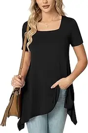 [POPYOUNG] Ladies Tunic Tops to Wear with Leggings Short Sleeve Floaty Square Neck Blouse Summer Dressy Casual Longline Shirts for Women, Black, M