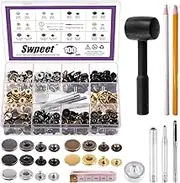 Swpeet 100 Sets 15mm Leather Snap Fasteners with 4Pcs Fixing Tools and Plastic Hammer Assortment Kit, Craft Snap Leather Snaps Metal Snaps Metal Button Snaps Press Studs for Clothes, Jackets, Jeans