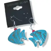 Fish shaped turquoise magnesite red accent beads drop earrings sterling silver