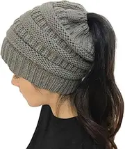 [EZONEDEAL] Soft Stretch Cable Knit Hat Women's Ponytail Beanie Skull Cap Winter Warm Hat High Bun Hat - Ponytail hat for Women