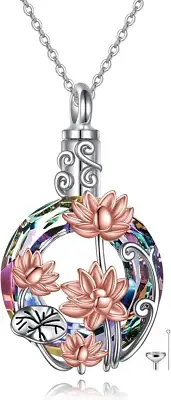 Crystal Lotus Urn Necklace for Ashes Cremation Memorial Keepsake Sterling Silver