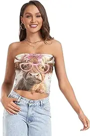 [RPLIFE] Highland Cow Pink Glasses Tube Top Strapless Crop Top, Sheer Tube Tops, Sexy Tube Tops (S)