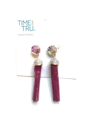 NOS MAROON FRINGE BOREALIS SET DANGLE PIERCED EARRINGS (FRINGE IN PLASTIC WRAP)