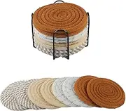 ZHIGOU 8-Pack Boho Drink Coasters - Absorbent Coaster Set for Home Decor - Fall Farmhouse Decor - 4.3 Inch - Cotton Woven Minimalist Design - Tabletop Protection - Housewarming Gift