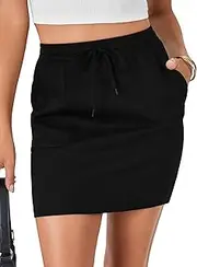 [Vrtige] Women's Casual Drawstring Elastic High Waist Workout Bodycon Mini Skirt with Pocket