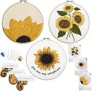 Armindou 3 Sets Embroidery Starter Kits with Sunflower Pattern for Adults Beginners, Floral Stamped Cross Stitch Kit Hand DIY Needlepoint Kit, 3 Embroidery Hoops, 3 Embroidery Fabric, Needles, Threads