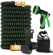 MQUAD Ultimate Expandable Garden Hose - Heavy Duty, Tangle-Free, Flexible with 10-Pattern Spray Nozzle, Solid Brass Connectors, 4-Layer Latex Core, Storage Bag, and Holder (Black/Green, 100FT)