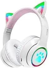Mokata Gaming Bluetooth 5.0 Wireless Headphones Over Ear Cat Led Light Foldable Music Headset with Aux 3.5mm Microphone (Built-in) for Adult & Kids PC TV Game Music Pad Laptop Cellphone White