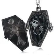 Mens Unique Black Skull Pattern Pocket Watch Quartz Movement Necklace Chain Gift