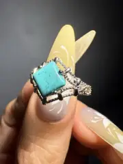 Natural Hubei Turquoise Square Ring / Silver- plated/adjustable