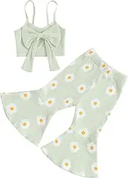 [Fiomva] Toddler Baby Girl Summer Clothes Sleeveless Cami Tops + Daisy Flare Pants Bell Bottom Outfits 2Piece Pants Set