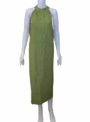 Sussan Long Dress Womens Size 16 Green Linen Viscose Sleeveless Side Split NEW