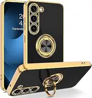 for Samsung Galaxy S24 fe Case with Ring Stand[360 Degree Rotation Kickstand] Plating Metallic Glossy Cover TPU Women Girls Slim Soft Protective Case for Samsung S24 fe(Black)