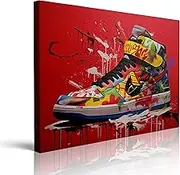 Pveror Banksy Graffiti Sneaker Canvas Wall Art Framed Red Shoe Decoration Pop Art Wall Decor For Kids Playroom Bedroom Boho Artwork Ready To Hang (16x24 INCH)