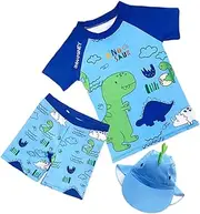 [INWOSNEY] Boys UPF 50+ Rash Guard and Swim Trunks Dinosaur Toddler Swimsuit Outfit Set with hat Quick Dry for Kid Girls Swim