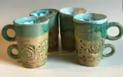 STUDIO ART POTTERY ~ HANDCRAFTED DRIP GLAZE MUG SET OF 4 ~ MARKED "LY"